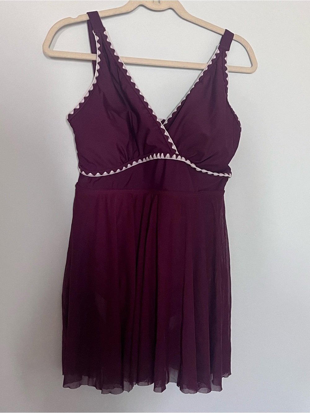 BloomChic Plum One-Piece Swimdress with White Trim